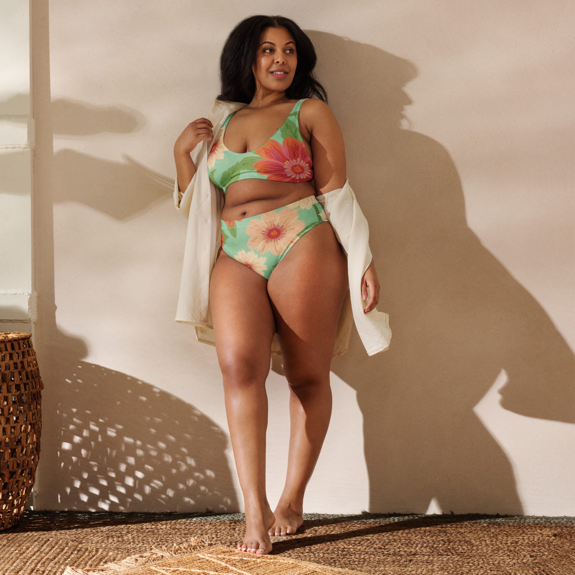 Elegant Recycled high-waisted green bikini with Floral Patterns Sustainable Beauty