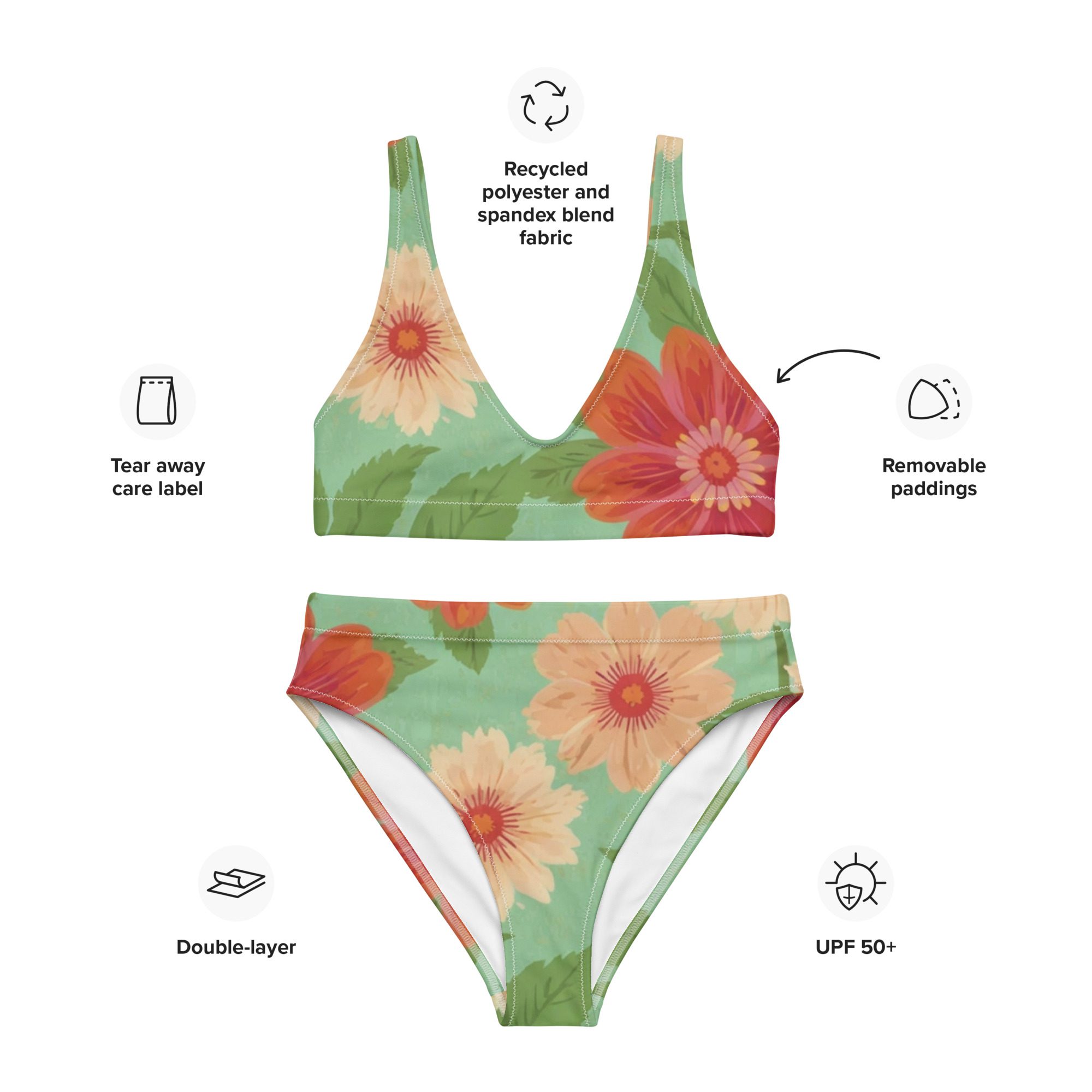 Elegant Recycled high-waisted green bikini with Floral Patterns Sustainable Beauty