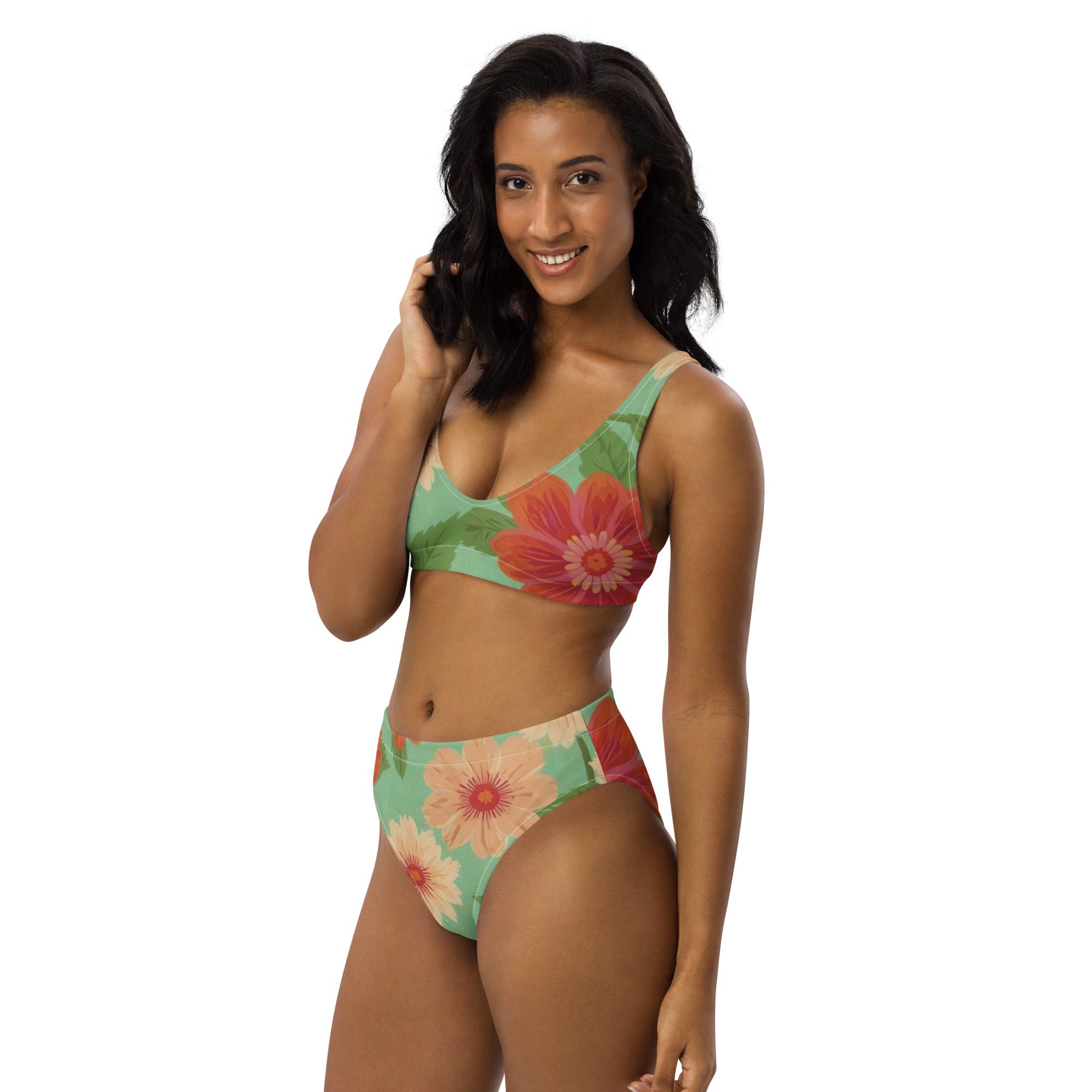 Elegant Recycled high-waisted green bikini with Floral Patterns Sustainable Beauty