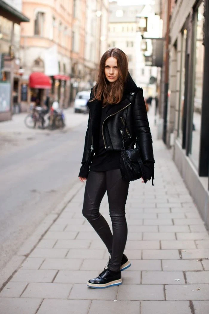 Faux Leather Leggings with a Faux Leather Jacket