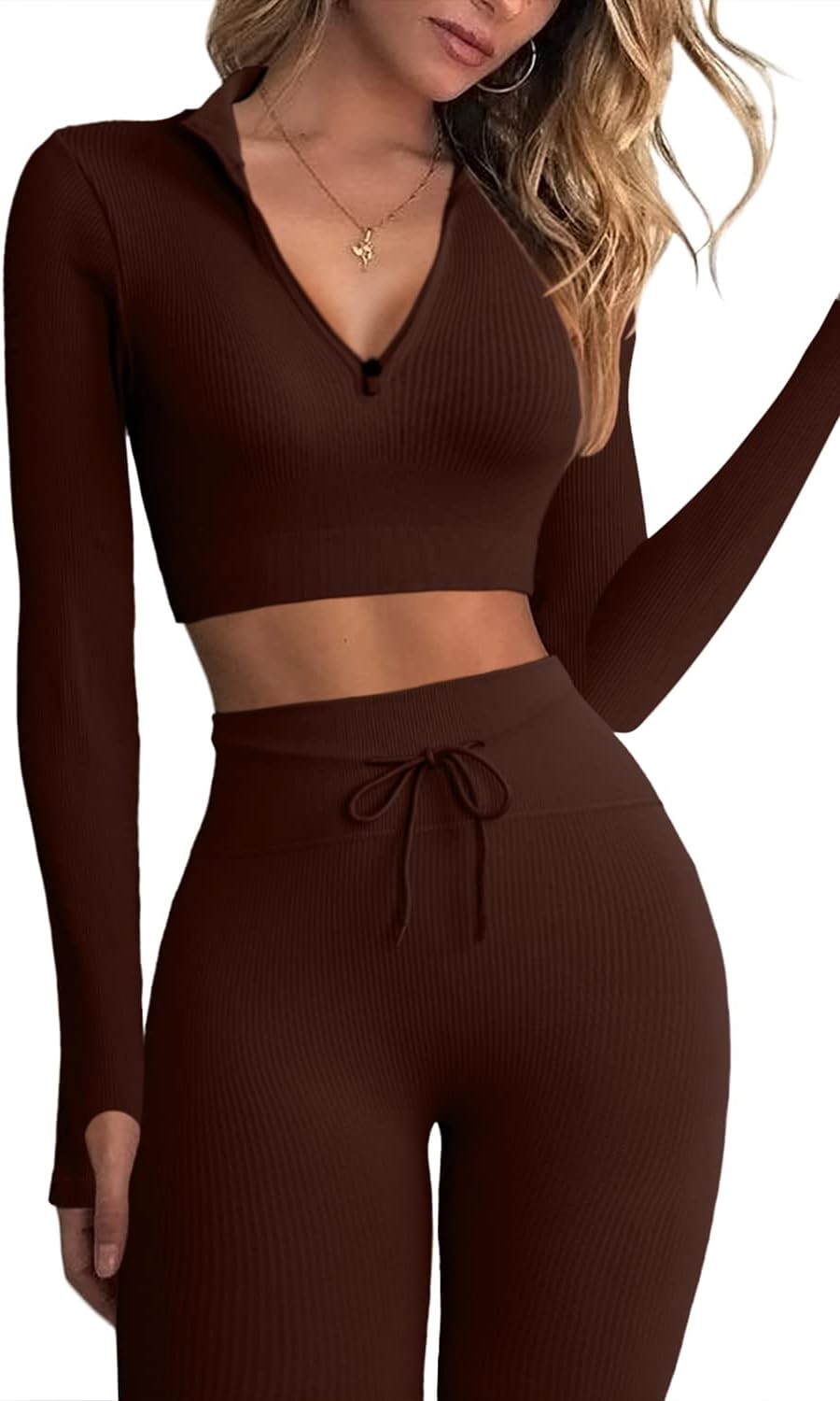 Awesome  .99 Stylish  QINSEN Long Sleeve Workout Shirt for Women High Funnel Neck Crop Tops Tummy Control Leggings Fitted 2 Pieces Sets