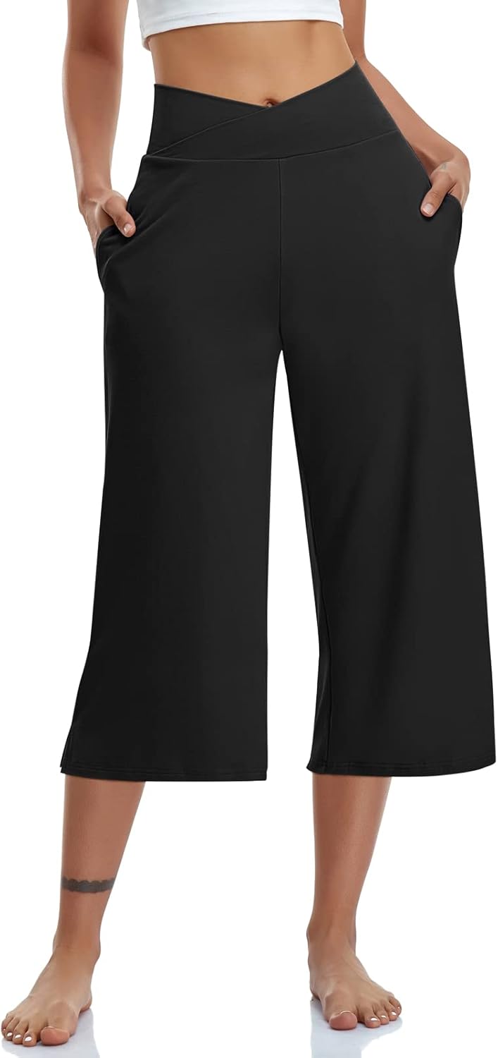 Deal of the Day   .98 Great   TARSE Womens Casual Wide Leg Yoga Capris Crossover High Waist Capri Pants Loose Soft Pajama Pockets Sweatpants