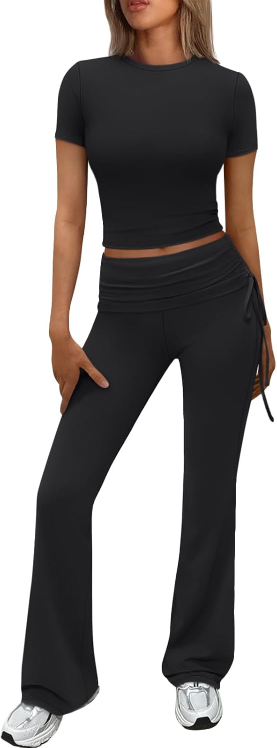 Deal of the Day   .99  Luxurious  Trendy Queen Womens 2 Piece Outfits Lounge Sets Summer Y2k Short Sleeve Cropped Tops and Drawstring Flare Pants Tracksuits