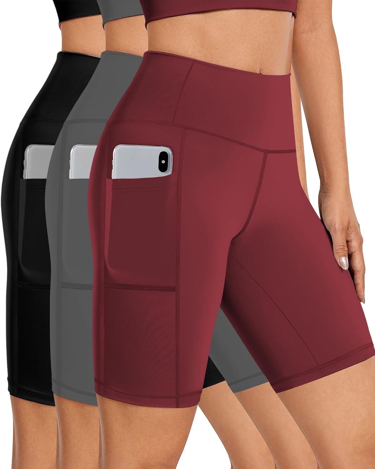 Discount   .99 Vibrant  Biker Shorts Women Tummy Control Pockets Yoga Workout Stretchy Spandex Shorts Leggings Athletic Running Compression Shorts Tights Knee Length Ladies Long Slip Booty Shorts Dresses Black Grey Wine