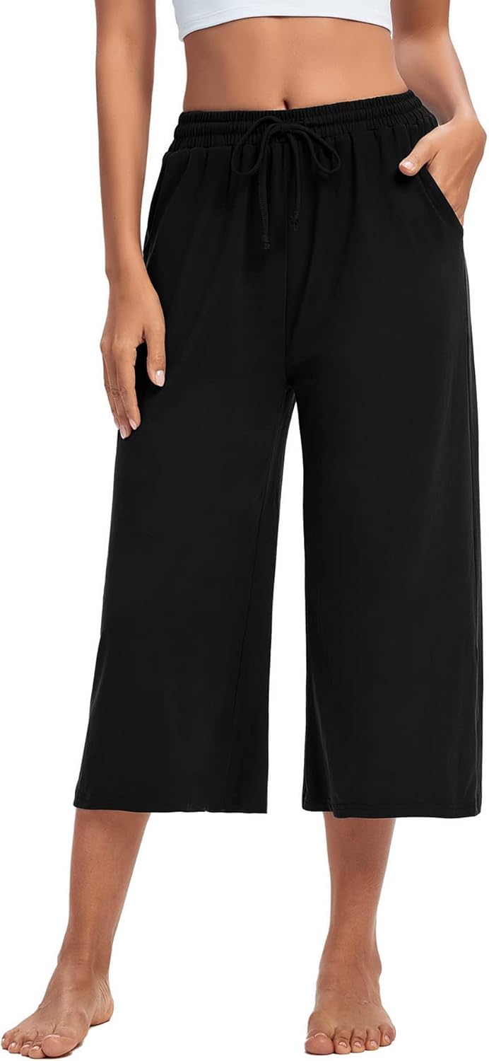 Discount   .99 Amazing  ASIMOON Womens Capri Yoga Pants Wide Leg Drawstring Lounge Pants Loose Comfy Workout Capris Sweatpants with Pockets