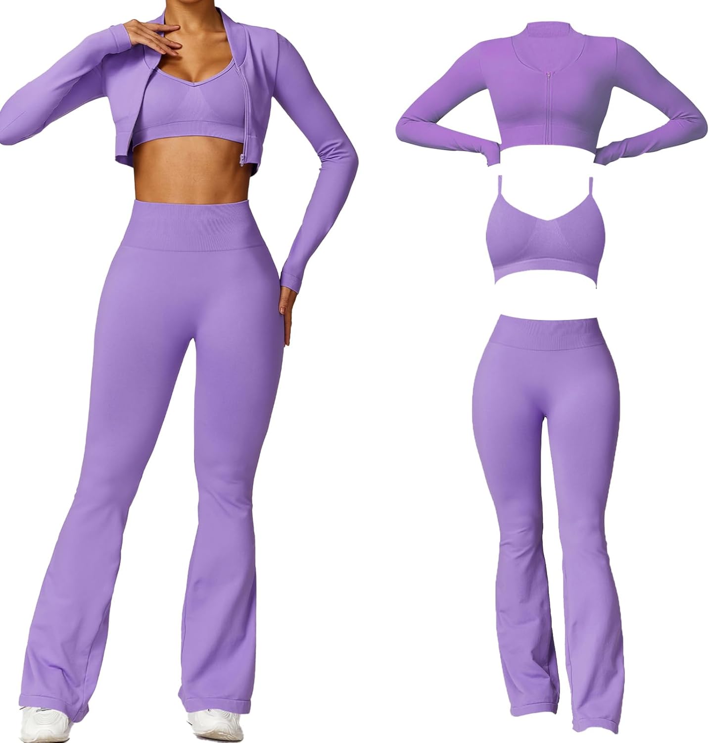 Discount   .99 Awesome  Women’s 3 Piece Workout Sets, Seamless High Waist Flare Leggings Sports Bra and Zip Jacket