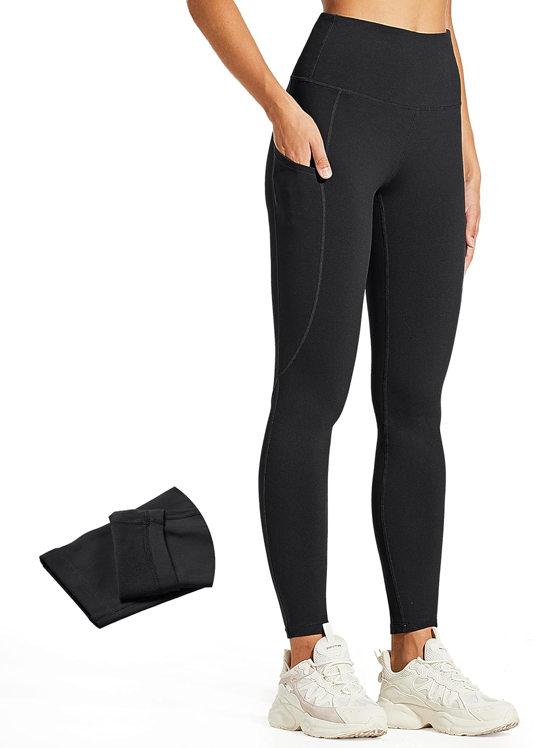 discount price  $29.98 Responsible  ZUTY Fleece Lined Leggings Women Water Resistant Winter Thermal Insulated High Waisted Hiking Leggings Pockets Plus Size